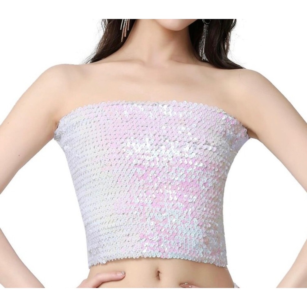 Pink Iridescent Sequin Tube Top Strapless Festival Mermaid Core Fairy Crop Top